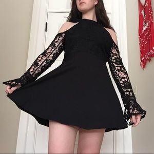 Black Lace High Neck Cold Shoulder Skater Dress